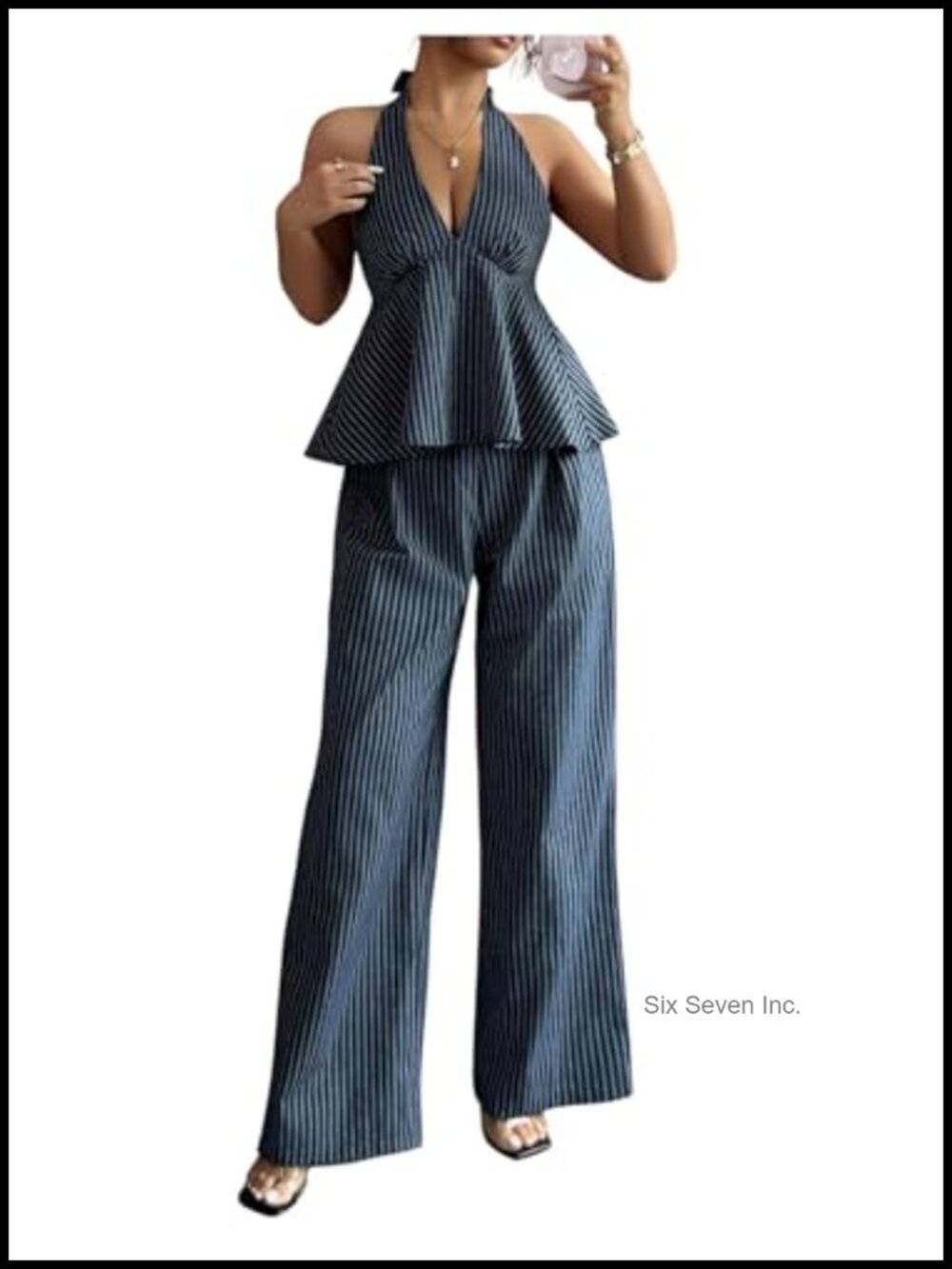 Women's Striped Halter Top & Wide-Leg Pants Two-Piece Set